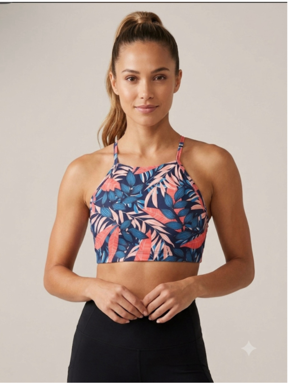 Charmo Navy Coral Leaf Print High Neck Bikini Top S